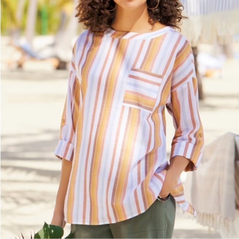 Soft Surroundings Women's Top Size Medium Multicolor Striped Cottagecore Casual‎